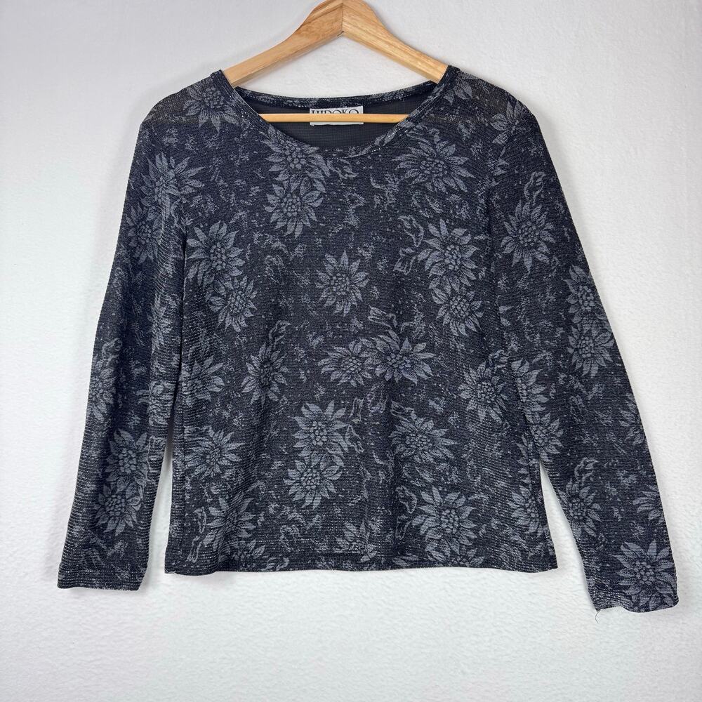 VINTAGE HIROKO Top Womens Black Gray Floral Boat Neck Boho Knit Stretch Popover